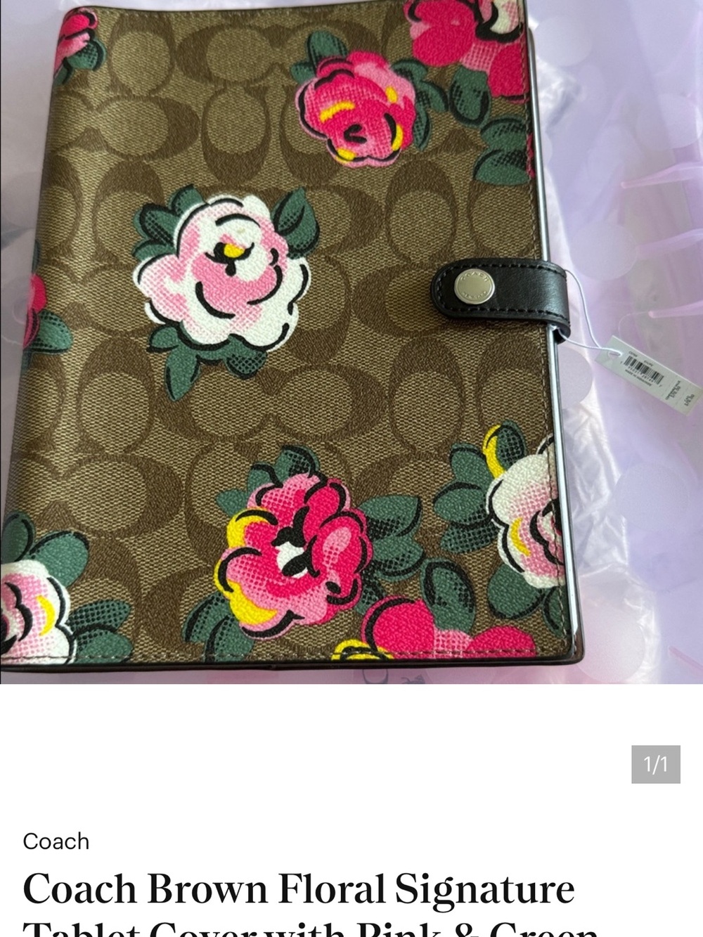 Coach Brown Floral Signature Tablet Case with Pink, White & Green Flowers